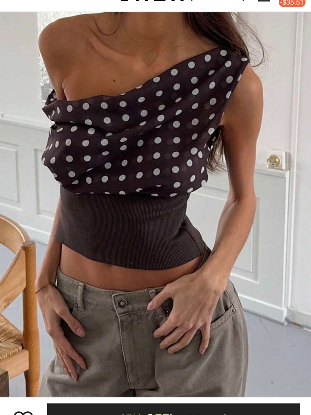 Edikted One-Shoulder Polka Dot Crop Top - Brown/White